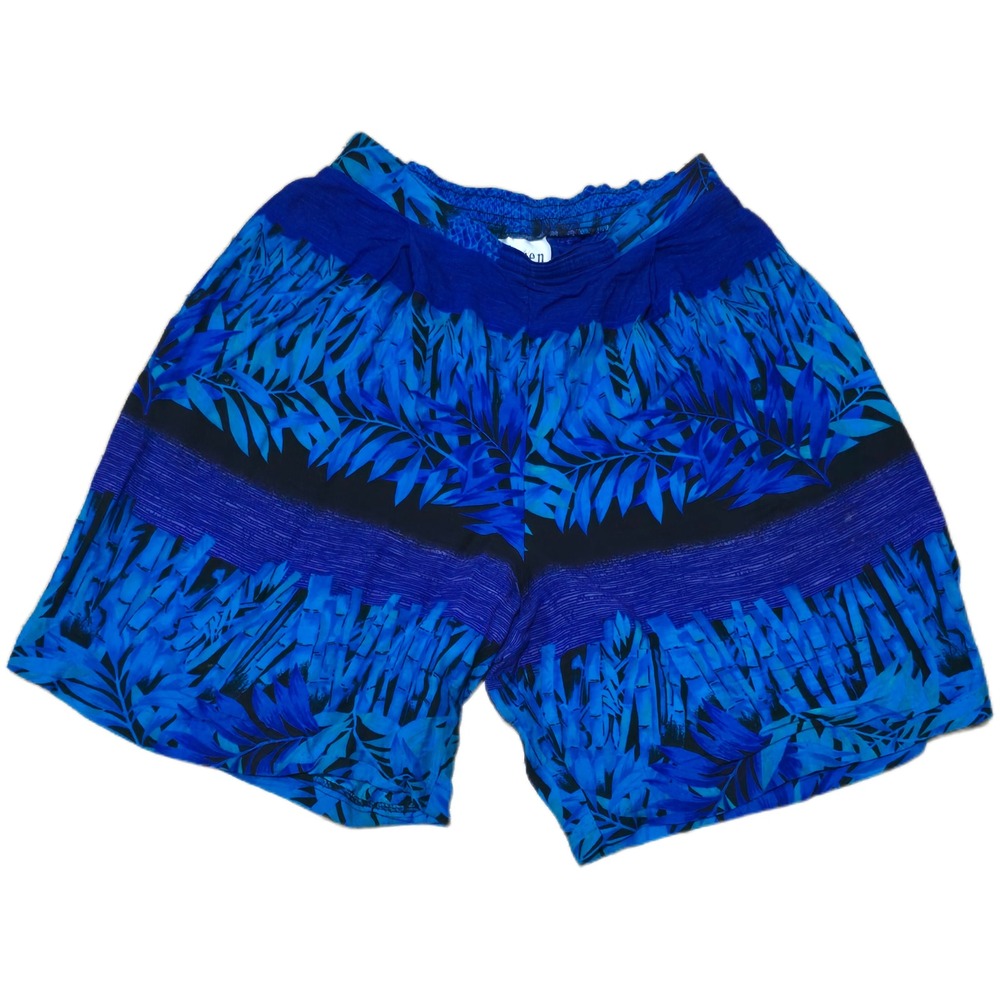 Vintage Maren‎ Blue Tropical Leaf Bamboo Print Rayon Shorts Made in USA Small